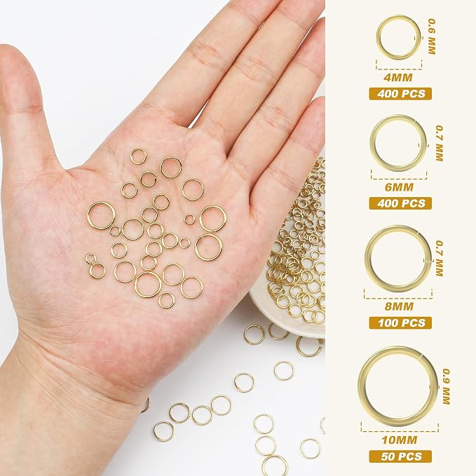 4/6/8/10MM 950PCS 14K Gold Jump Rings for Jewelry Making Non Tarnish Small Open Gold Filled Jump Rings for Necklace Earrings Bracelet Key Chains and DIY Craft
