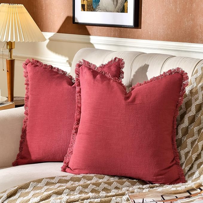 AmHoo Pack of 2 Linen Pillow Covers with Tassels Fringed Decorative Rustic Natural Throw Pillowcase Cushion for Couch Sofa Bedroom 20 x 20-Inch Jester Red