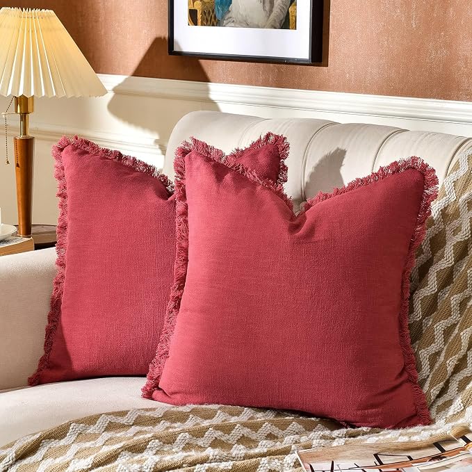 AmHoo Pack of 2 Linen Pillow Covers with Tassels Fringed Decorative Rustic Natural Throw Pillowcase Cushion for Couch Sofa Bedroom 18 x 18-Inch Jester Red