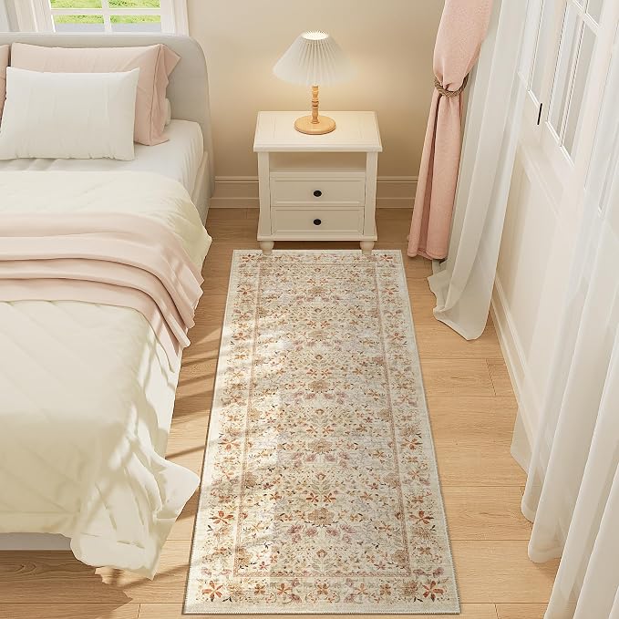 DUKINO 2x5 Rug Runner, Washable Vintage Floral Bathroom Rugs, Beige | Non Slip, Low Pile, Stain Resistant, Lightweight Soft Carpet Runner for Laundry Room Kitchen Hallway Bedroom, Non-Shedding