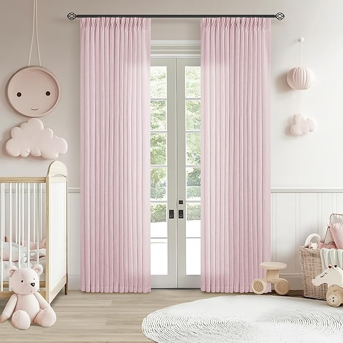 Light Pink Linen Pinch Pleat Curtains 84 Inch Length 2 Panels Set 40x84 | for Nursery Girls Bedroom Living Room, Pinch Pleat Memory Shape Trained, Light Filtering Privacy Semi Sheer, Baby Pink Blush