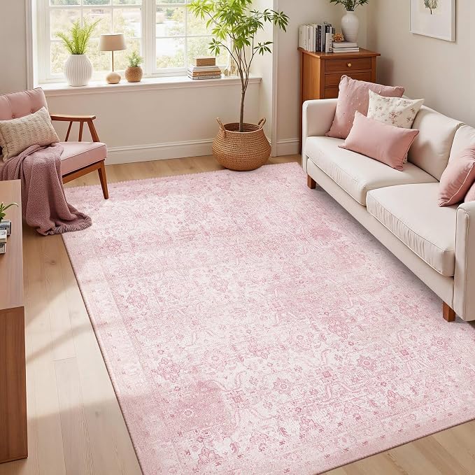 Rugxara Pink 4x6 Area Rug Washable Rug for Bedroom Nursery Girls Room | Non Slip, Throw Rug for Living Room Kids Room Entryway Dining, Stain Resistant, Soft, Low Pile, Vintage Boho Floral Carpet