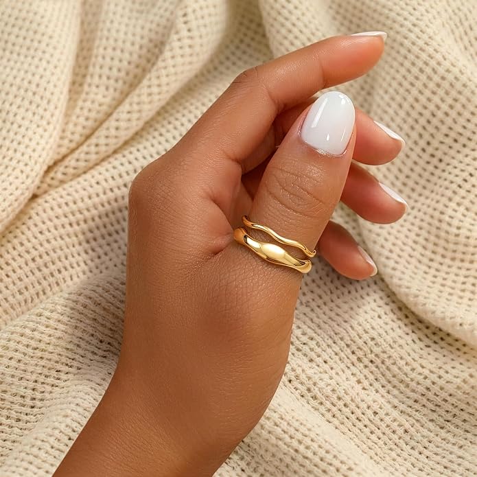 Gold Rings for Women Men Non Tarnish, Waterproof Chunky 14K Gold Plated Dainty Stackable Rings Trendy Statement Pinky Thumb Rings Engagement Eternity Wedding Band Ring Stacking Gold Jewelry Size 3 4 5 6 7 8 9 10 11