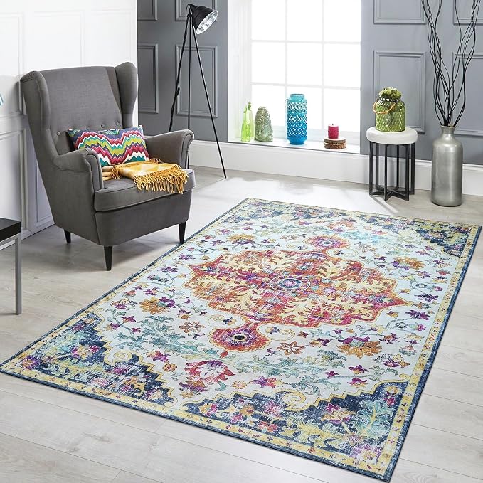 Mandala - Indoor Area Rugs 4x6 Washable, Stain Resistant Machine Washable Rugs for Living Room, Bedroom, and Modern House Décor - Durable Polyester Material, Colorful Patterned - Blue