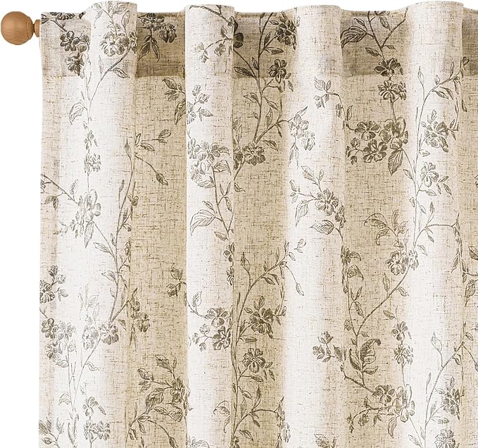 Lazzzy Grey Floral Linen Curtains 96 Inch Farmhouse Back Tab Drapes for Living Room Bedroom Light Filtering Vintage Grandmillennial Rod Pocket Curtains, 2 Panels, W38 x L96, Grey on Beige