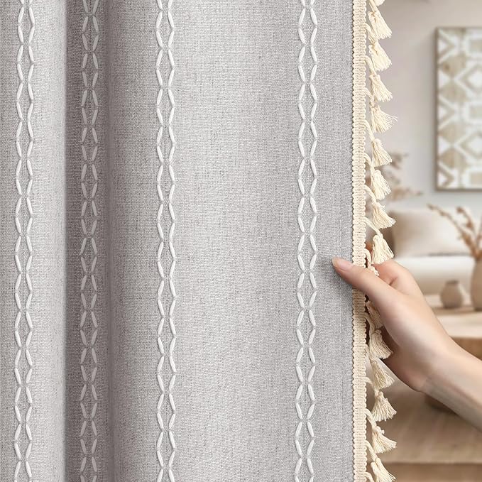 Grey Boho Blackout Curtains 2 Panels 84 Inch for Living Room Bedroom, Linen Texture Farmhouse Curtains with Tassels and White Cotton Embroidery Vintage Rustic Country Western