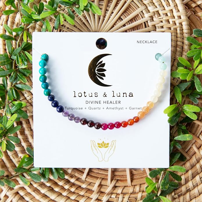 Lotus and Luna 7 Chakra Necklace for Women - Healing Crystal Necklace with Genuine Stones (Master Healer) to Bring Balance and Healing to Mind and Body - Handmade Jewelry Gift
