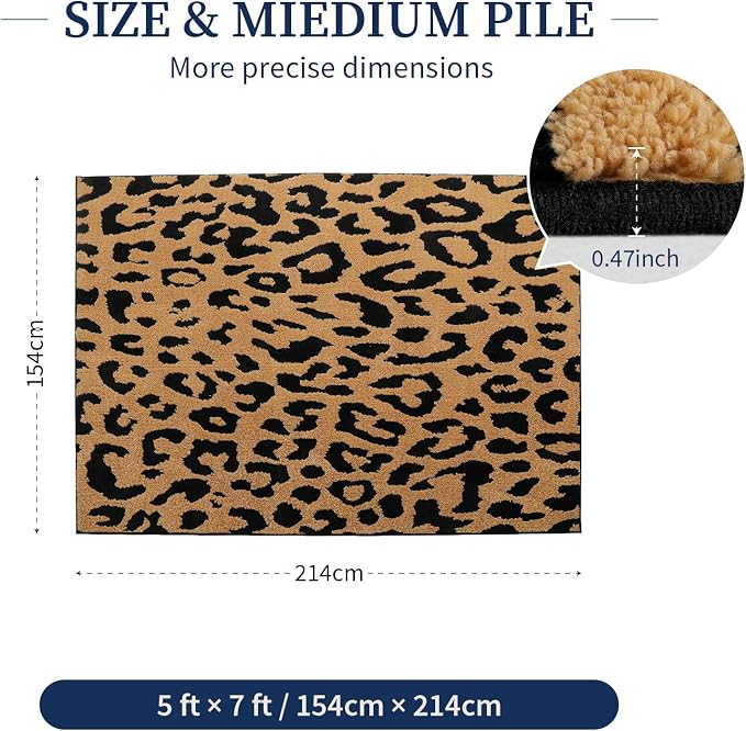 YIHOUSE 5×7 Ft Leopard Area Rugs, Washable High-Low Pile Plush Soft Rug, Non-Slip Non-Shedding Animal Cheetah Carpet for Living Room, Bedroom, Dining Room, Nursery, Home Decor