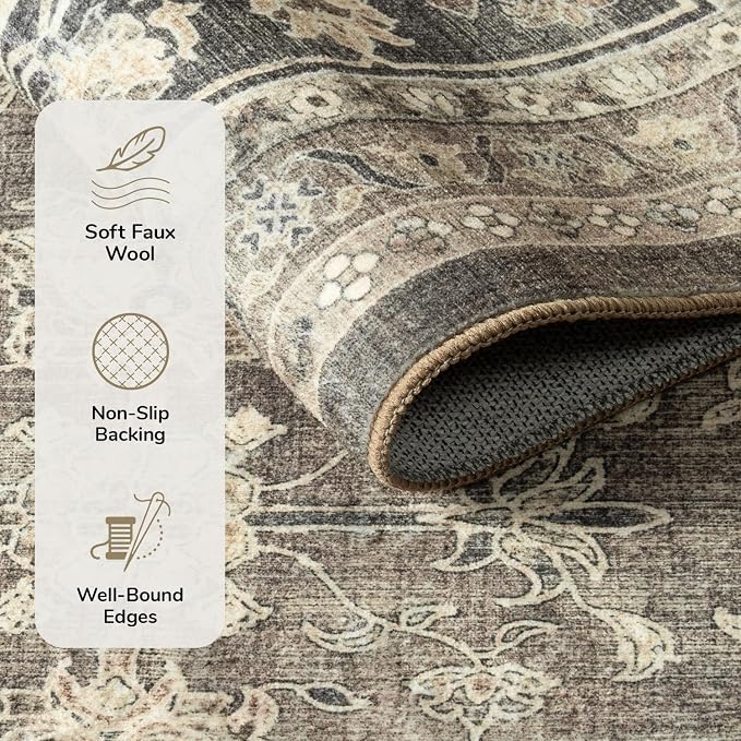 Lessymo Small Area Rugs 2x3 ft, Vintage Brown Machine Washable Rug for Entryway Kitchen Bathroom, Non Slip Low Pile Indoor Door Mat, Distressed Boho Floral Accent Carpet