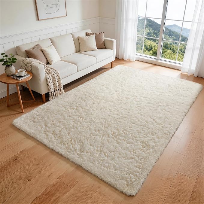 Ophanie Rugs for Living Room, Upgrade Non-Slip Fluffy Soft 5x8 Area Rug, Shag Large Fuzzy Plush Carpets for Bedroom Light Ivory, Shaggy Kids Dorm Home Decor with Over 99 pcs Pile fibers