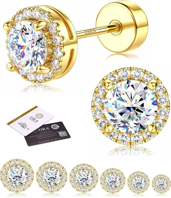 Moissanite Stud Earrings with Flat Back - 925 Sterling Silver D Color VVS1 Moissanite Earring for Women Men,14K White Gold Plated Brilliant Halo Stud Earrings Hypoallergenic Jewelry for Sensitive Ear