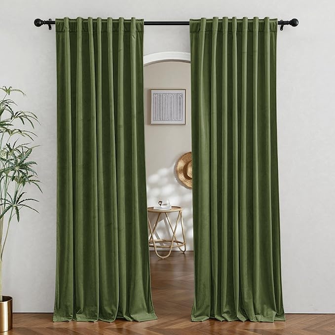 RYB HOME Army Green Velvet Curtains for Bedroom Living Room, Thermal Insulated Privacy UV Heat Blocking Luxurious Soft Rod Pocket Back Tab Drapes for Nursery, 52" W x 108" L, 2 Panels
