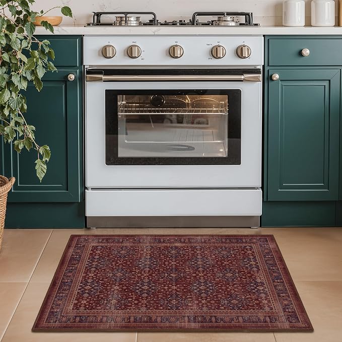 Amber Red 2x3 Kitchen Rugs Non Slip Washable, Luxurious Boho Floral Trellis Purple Accents Thin Door Mat Indoor Entrance, Earth Tone Moody Vintage Distressed Small Rugs for Entryway Bathroom