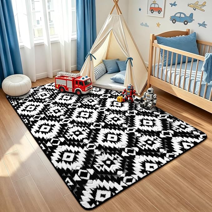 Macgace Soft Area Rug for Girls Bedroom, 3x5 Black and White Shag Rugs | Washable Non-Slip Backing Medium Pile Modren Geometric Fuzzy Carpet for Kids Room, Classroom, Living Room, Dorm