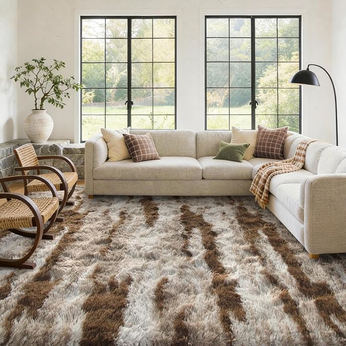 Large Shaggy 6x9 Area Rugs for Living Room Decor, Non-Slip Tie-Dyed Rugs for Bedroom Kids Playroom Dorm Room, High Pile Ultra Soft Carpet, Khaki