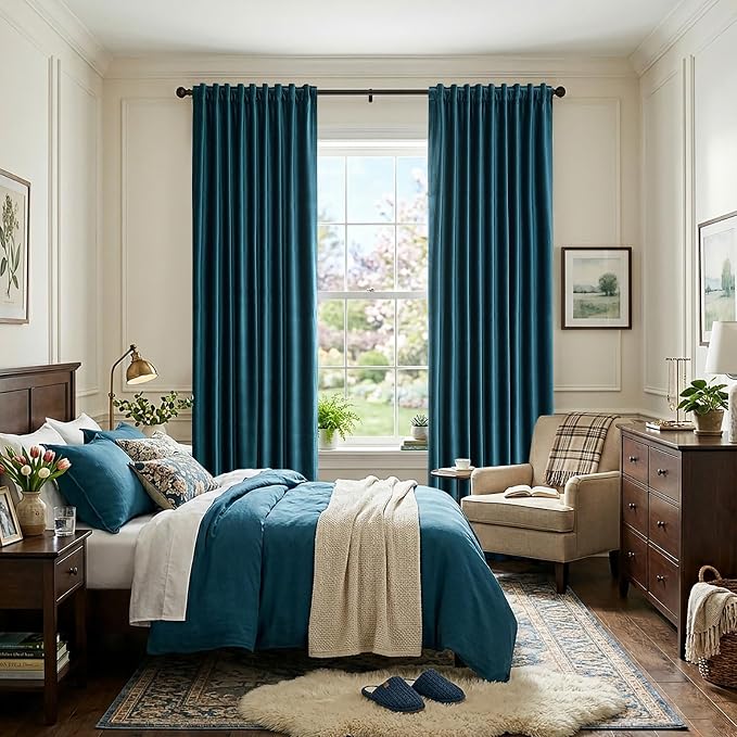 Peacock Blue Velvet Curtains 84 inch Long for Living Room,Luxury 2 Panels Room Darkening Rod Pocket Back Tab Curtain Elegant Thermal Insulated Heavy Soundproof Decorative Window Drapes for Bedroom