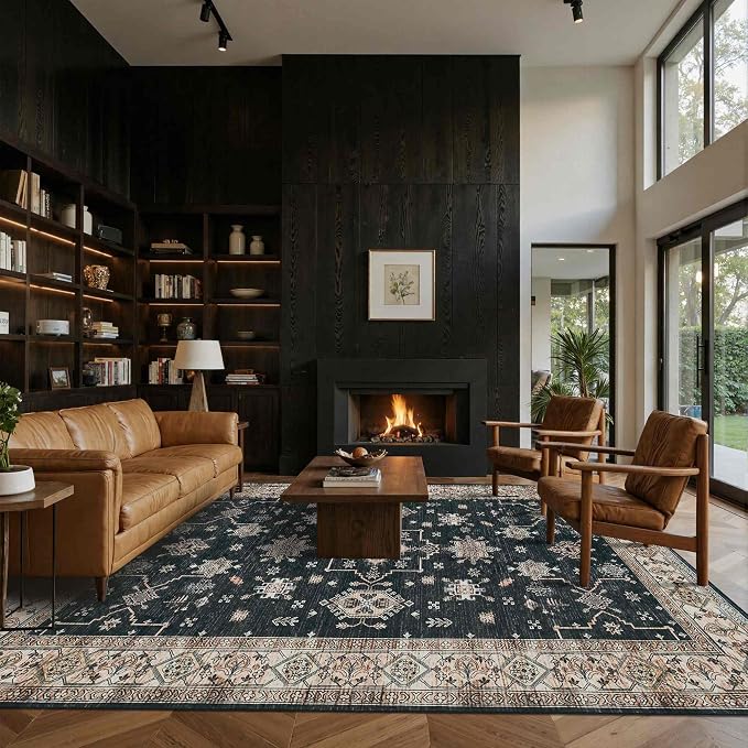 Rugxara Black 8x10 Area Rugs for Living Room Bedroom Large Washable Rug | Non Slip, Rug for Dining Room Office Kids Room, Stain Resistant, Soft, Low Pile, Vintage Boho Retro Carpet,Home Decor