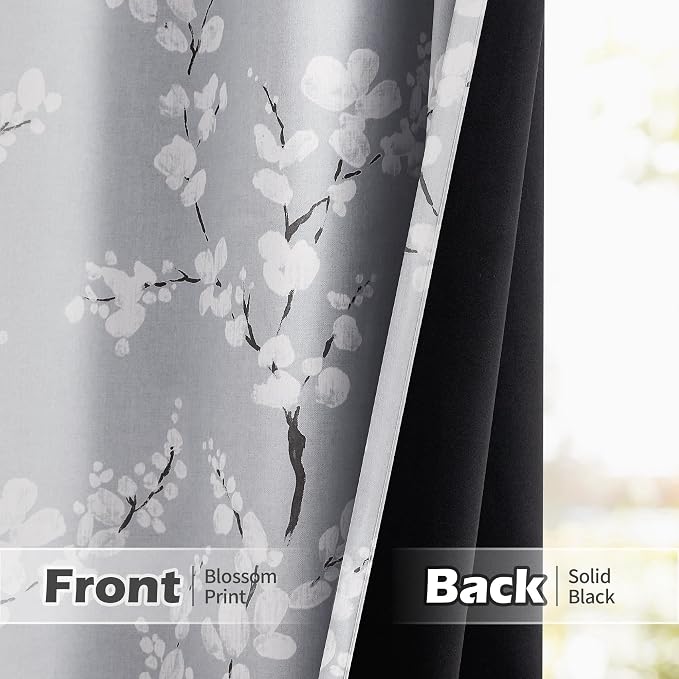 FMFUNCTEX 100% Blackout Grey Floral Curtains, Rod Pocket 18 Inch 1 Panel | Black Out Drapes, Thermal Insulated, Blossom Patterned Short Panel for Kitchen Curtains, Cafe, Bathroom, Door Glass
