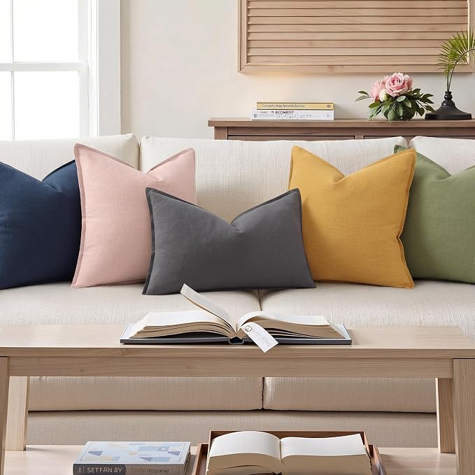 decorUhome Fall Dark Grey Linen Throw Pillow Covers 12x20 Set of 2 | Decorative Soft Cozy Modern Farmhouse Boho Accent Pillow Cases with Flange Edges for Couch Bed Sofa Living Room Home Decor