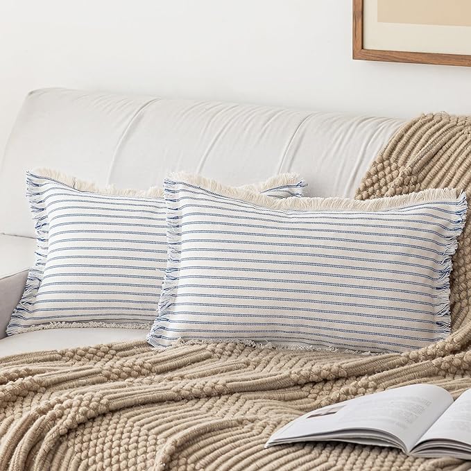 YEENAASY Throw Pillow Covers 12x20 Set of 2 Striped Fringe Pillow Cover Farmhouse Cushion Covers with Tassel Neutral Boho Pillows Decorative Square Pillowcase for Couch Sofa Bed, Blue