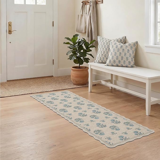 ORTIGIA Scalloped Easy Jute 2x6 Kitchen Runner Rug Vintage Blue Floral Farmhouse Washable Rug Non-Slip Outdoor Carpet for Entryway Indoor Hallway Patio Laundry Room