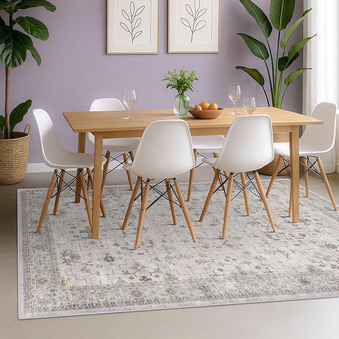 Vintage Boho Living Room Rug 7x9 - Soft Light Gray & Sage Area Rugs for Dining Under Table, Washable Low Pile Non-Slip Large Bedroom Carpet, Modern Eclectic Geometric Neutral Floral Decor