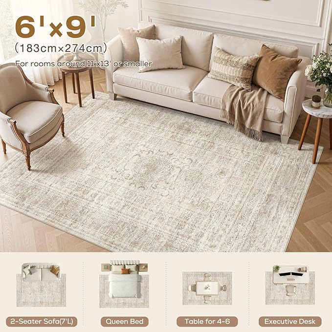Nakagishi 6x9 Area Rugs Living Room: Washable Large Vintage Rug Neutral Non-Slip Soft Stain Resistant Indoor Carpet for Bedroom Nursery Dining Room Office Playroom - Beige Gray