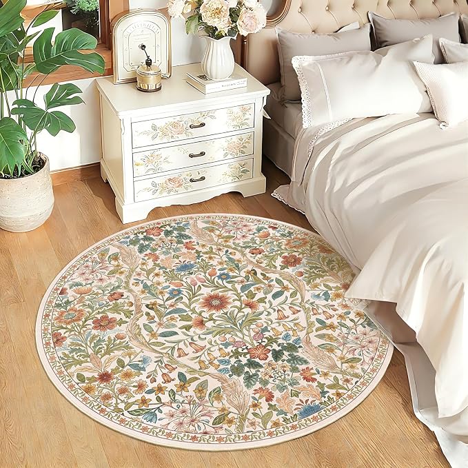 Round Rug 4ft Colorful Beige Washable Floral Circle Rug,Vintage Boho Botanical Round Area Rugs, Non-Slip Soft Low-Pile Circular Carpet for Bedroom,Kids Room,College Dorm,Home Decor