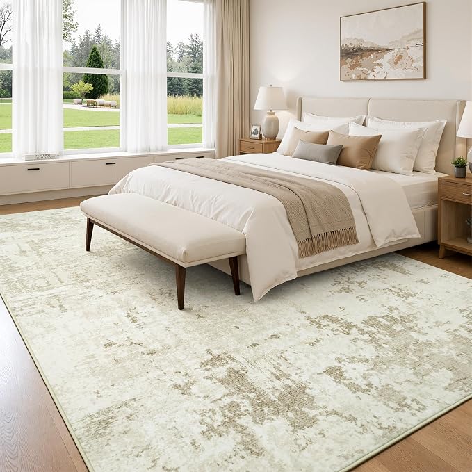 Rugflix 8x10 Area Rugs for Living Room, Washable Large Rug Stain-Resistant Low Pile, Modern Neutral Carpet for Dining Room Home Office Kid Room Nursery Bedroom, Beige