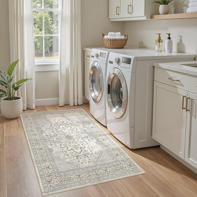 Tortania Area Rug Living Room Rugs - 3x5 Washable Rug Vintage Oriental Distressed Farmhouse Small Thin Indoor Carpet for Living Room Bedroom Under Dining Table Home Office - Beige Linen