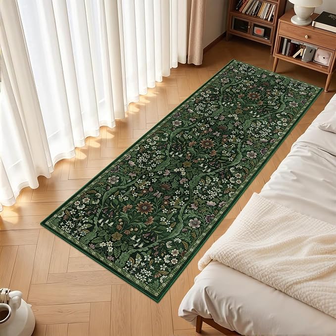 2x5 Washable Runner Rug,Dark Green Floral Boho Area Rug for Hallway,Low-Pile Non-Slip Stain Resistant Carpet for Kitchen, Bedside,Laundry Room,Entryway