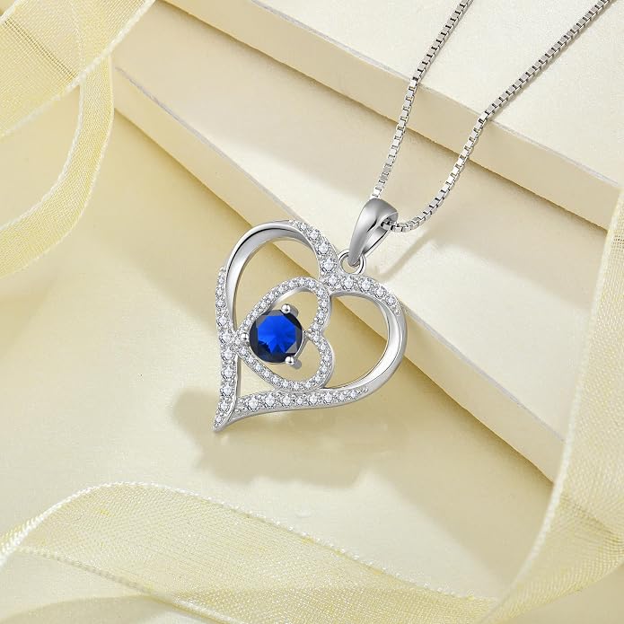 Love Heart Necklace for Women 925 Sterling Silver Birthstone Pendant Necklace Dainty Jewelry for Women Wife Mother Christmas Birthday Mother's Day Gift