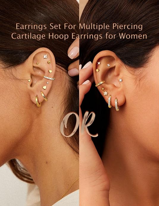 YADOCA 13 Pairs Hypoallergenic Surgical Steel Flat Back Earrings for Women Trendy 316L Stainless Steel Flatback Stud Earring Sets for Multiple Piercing Small Cartilage Hoop Earring Stacks
