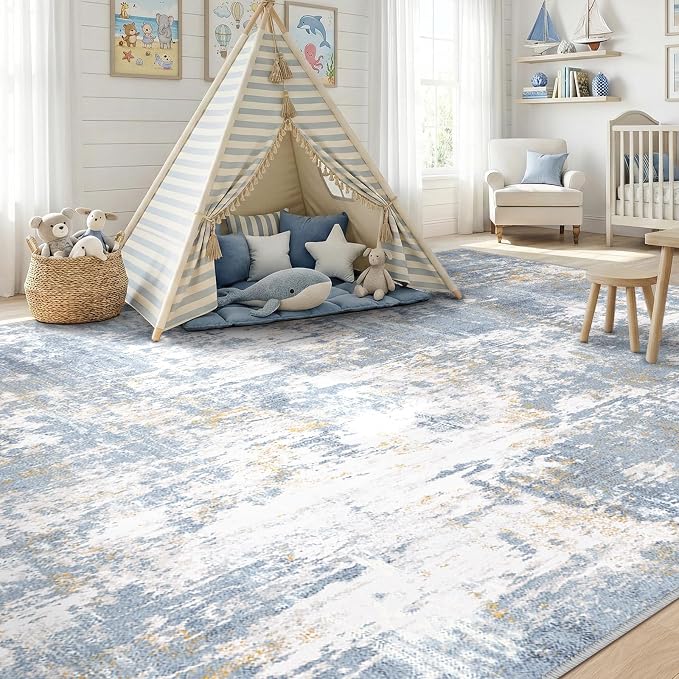 RELEANY Washable Area Rugs 8'x10' Non-Slip Modern Abstract Soft for Living Room Entryway Bedroom Kitchen, Print Pattern, Light Blue