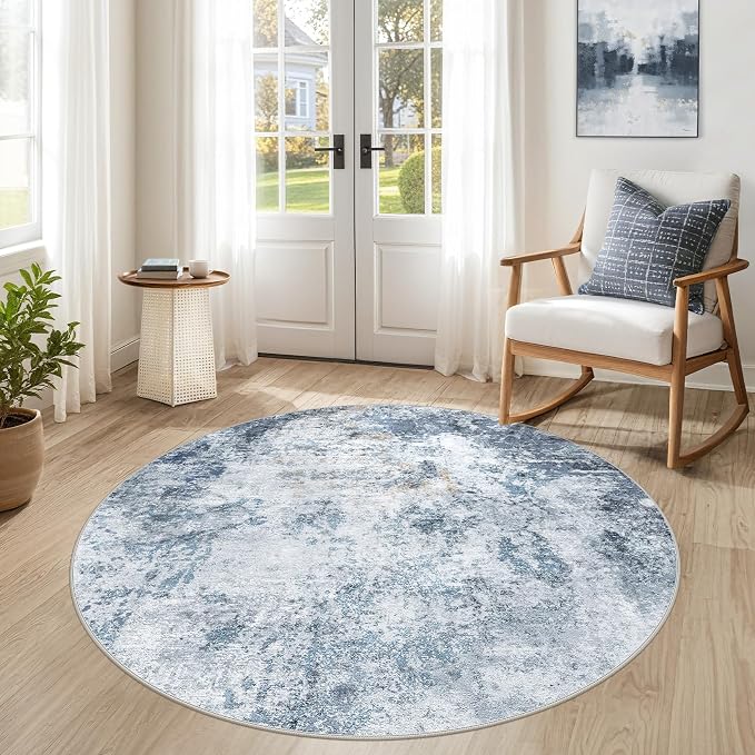 DMOYEST 5ft Round Area Rug for Living Room - 5x5 Washable & Non Slip Circle Rug, Kid & Pet Friendly Soft Low Pile Abstract Carpet for Bedroom and Dining Room - Blue