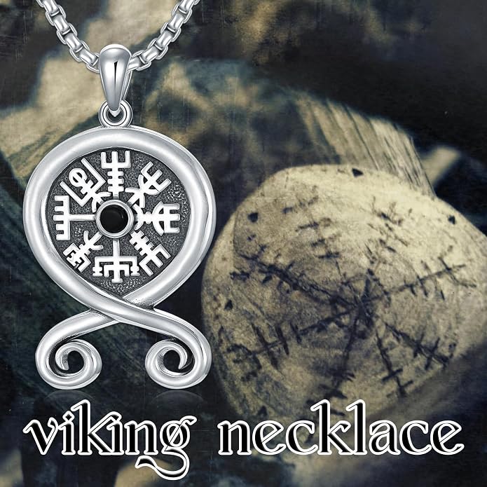 Viking Necklace for Men S925 Sterling Silver Odin/Troll Cross/Compass/Raven/Valknut/Axe Rune Amulet Necklace Norse Jewelry for Christmas Birthday
