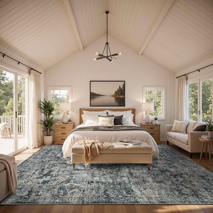 Rugxara Blue 10x14 Area Rugs for Living Room Bedroom Large Washable Rug | Non Slip, Rug for Dining Room Office Farmhouse, Stain Resistant, Soft, Low Pile, Vintage Boho Carpet, Home Decor