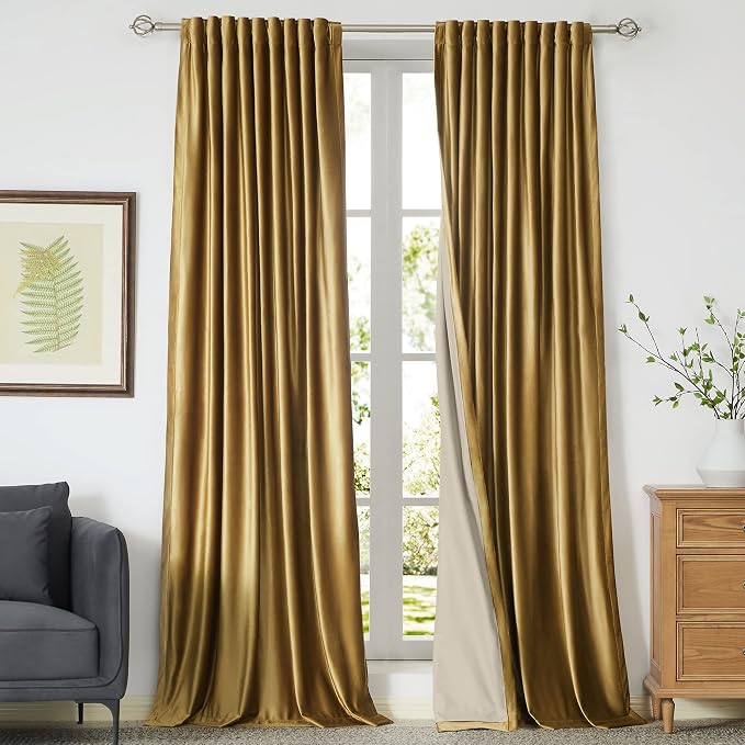 Gold Blackout Velvet Curtains 120 inch for Living Room,Full Blackout Elegant 2 Panels Back Tab Thermal Insulated Room Darkening Liner Curtain Heavy Noice Reducing Soundproof Window Drapes for Bedroom