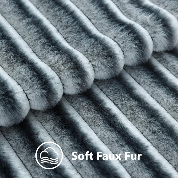 decorUhome Fall Faux Fur Throw Pillow Covers 18x18 Set of 2 Blue Grey | Decorative Soft Cozy Striped Plush Modern Farmhouse Boho Couch Pillow Cases Velvet Back for Sofa Bed Living Room Home Decor
