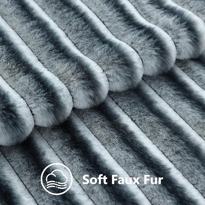 decorUhome Fall Faux Fur Throw Pillow Covers 16x16 Set of 2 Blue Grey | Decorative Soft Cozy Striped Plush Modern Farmhouse Boho Couch Pillow Cases Velvet Back for Sofa Bed Living Room Home Decor