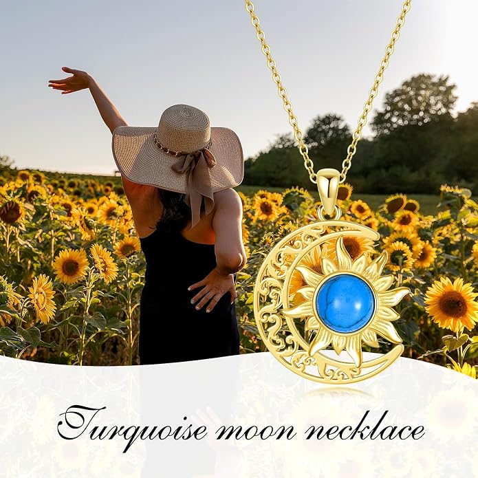 Crescent Moon Necklace for Women 18K Gold Plated Silver Moon and Sun Pendant with Gemstone Dainty Birthstone Jewelry Pendant Necklace for her
