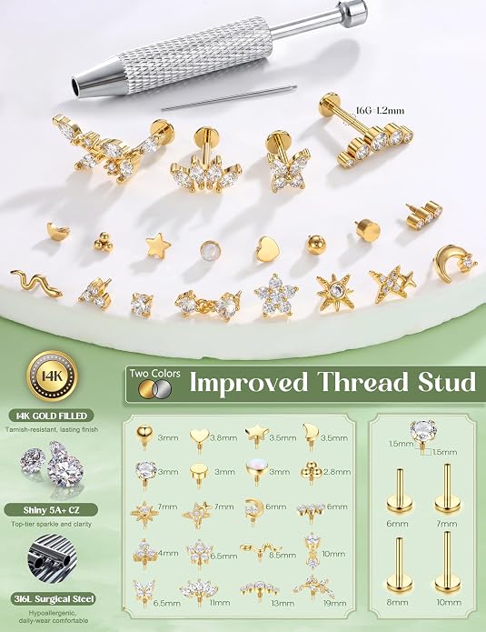 Flat Back Stud Earrings for Women Hypoallergenic Surgical Steel Internal Thread CZ Stud Piercing Jewelry for Tragus Helix Conch Cartilage 14K Gold/Silver Plated Nose Lip Labret Medusa Piercing 16G 18G