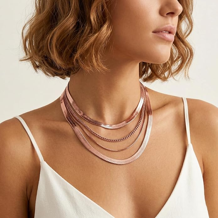 WomenGifts 14K Gold Silver Plated Herringbone Necklace for Women, Dainty Snake Chain Choker, Trendy Simple Long Layered Jewelry Non Tarnish, 3/4/5/8mm,14,16,18,20,22,24,26 Inch Thin & Chunky Options