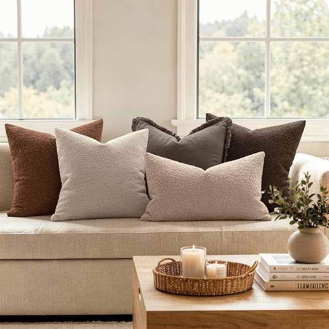 MIULEE 12x20 Decorative Lumbar Boucle Couch Pillow Covers Camel | Set of 2 Textured Neutral Throw Pillow Covers, Accent Solid Pillowcases, Sofa Living Room Home Decor