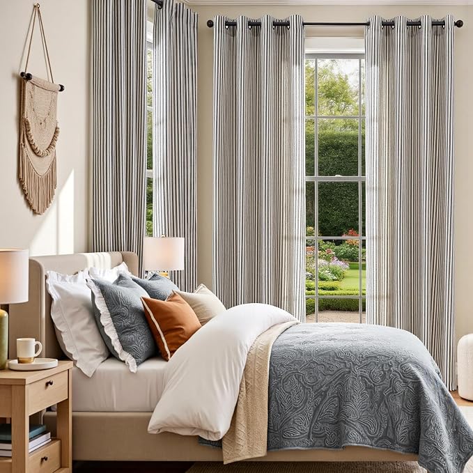 Vangao Linen Stripe Black Curtains Tickingstripe Light Filtering Window Curtains Pinstripe Printed on Beige Drapes 84 Inches Long for Living Room Bedroom Dorm 2 Panels