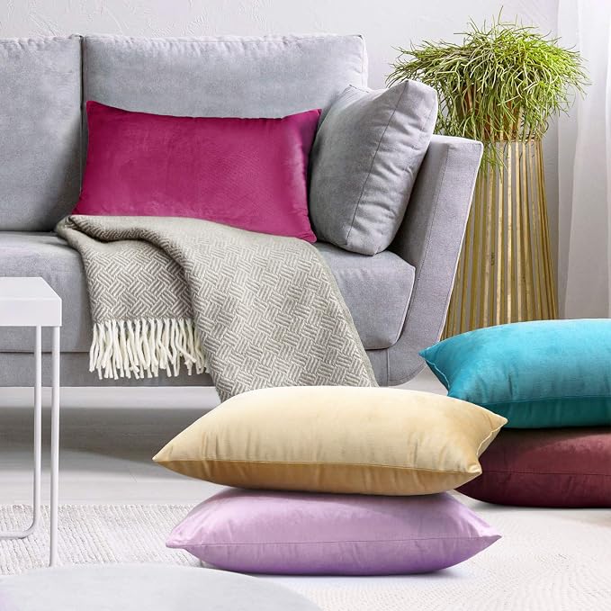 Nestl Throw Pillow Covers, Cozy Velvet Decorative Pillow Covers 12 x 20 Inches, Soft Solid Couch Pillow Covers for Sofa, Bed and Car, Set of 4 - Light Gray Lavender