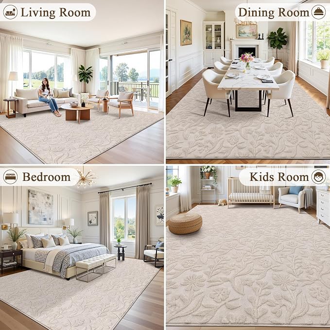 Vaukki 8x10 Area Rug for Living Room, Soft Fluffy Washable Modern Floral Indoor Floor Mat, Non Slip Shaggy Boho Accent Throw Carpet for Bedroom, Living Room, Nursery and Dining Room, Beige
