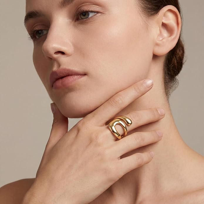 Gelbesty Waterproof Gold Statement Rings for Women, 14K Gold Plated Chunky Open Stackable Rings Non Tarnish Fashion Adjustable Stainless Steel Pinky Knuckle Signet Vintage Ring Jewelry Size 5-11