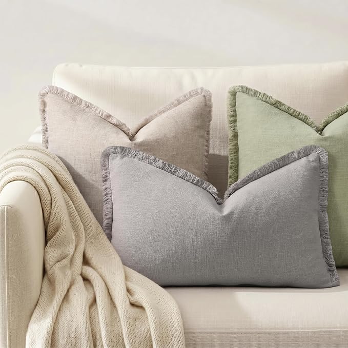 decorUhome Linen Fringe Light Grey Throw Pillow Covers 12x20 Set of 2 | Decorative Soft Accent Modern Boho Farmhouse Lumbar Cushion Covers with Tassels Cotton Pillow Covers for Couch Bed Sofa