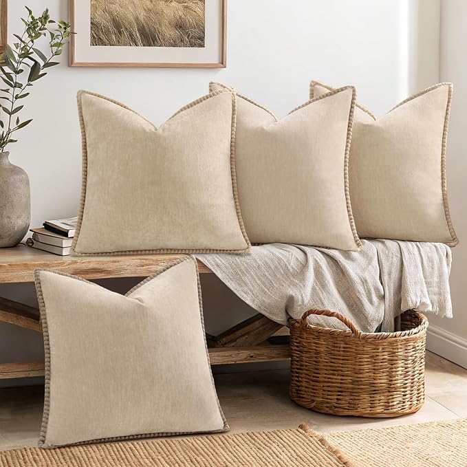 decorUhome Fall Soft Decorative Chenille Throw Pillow Covers 18x18 Set of 4 | Beige Cozy Decorative Modern Farmhouse Neutral Pillow Cases with Stitched Edge for Couch Sofa Bed Living Room Home Decor